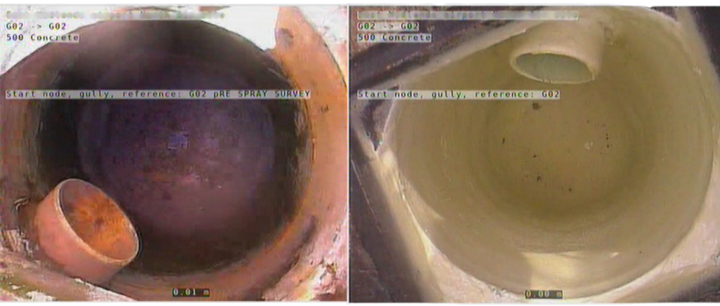 Before and after of a spray-lined gully to stop leaking