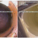 Before and after of a spray-lined gully to stop leaking